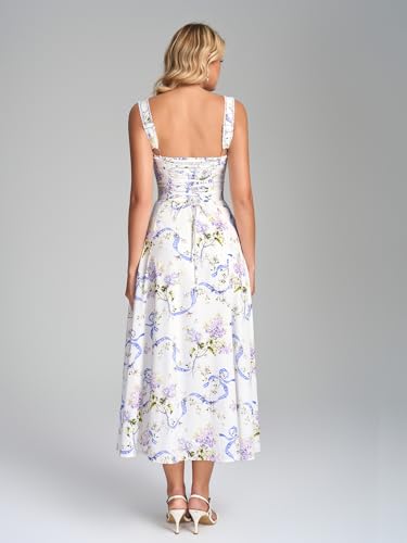 Image of KUTUMAI Floral Corset Midi Dresses for Women 2026 Lace Up Flowy Summer Wedding Guest Dress with Pockets