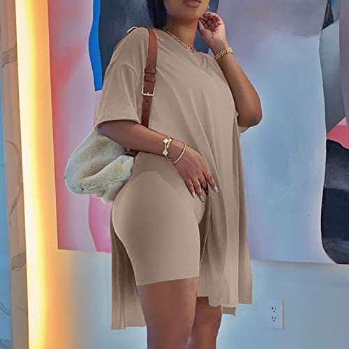 Women Plus Size Two Piece Outfits Sets Short Sleeve Side Split Yoga Tops Tummy Control Biker Shorts Bodycon Sweatsuit #TOP1