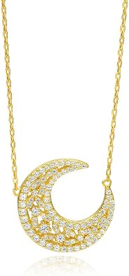 14K Gold Moon Necklace, Moissanite Planet Pendant, Luxury Jewelry Gift for Wife or Girlfriend, Perfect for Anniversary or Birthday