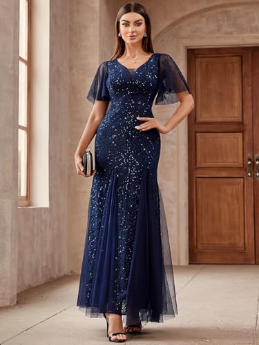 Miusol Women's Sequin Lace Deep-V Neck Tulle Mermaid Hem Evening Party Maxi Dress4