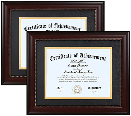 DOAI ART 8.5 x 11 Diploma Frame Set of 2 Classic Mahogany with Black and Gold Double Mat or Displays Document&Certificate 11x14-inch Without Mat,Wide Molding, Gold Beads Hanging Hardware Included, by DOAI ART - Used condition - US$31.11