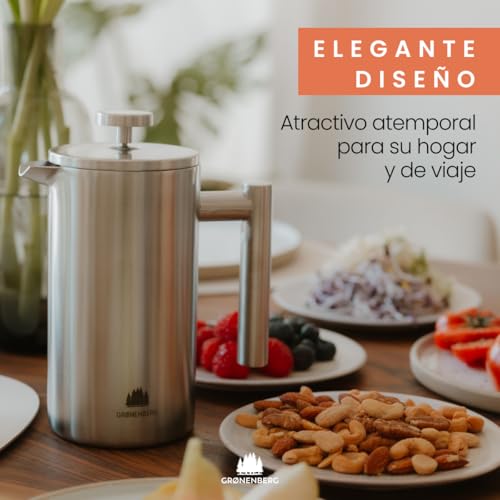 Groenenberg Cafetera francesa I Prensa francesa con filtros de repuesto I French Press 0,6 litro I Cafetera embolo en acier inox con función térmica - imagen 3