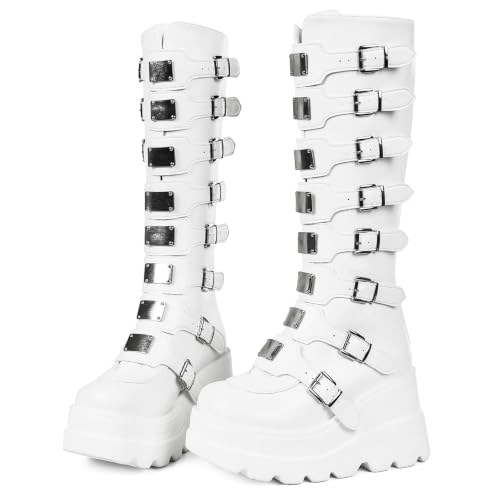 CELNEPHO Women Goth Platform Knee High Boots Wedge Punk Combat Y2K Boots