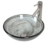 ELITE Bathroom Double Layer Glass Vessel Sink & Brushed Nickel Faucet Combo