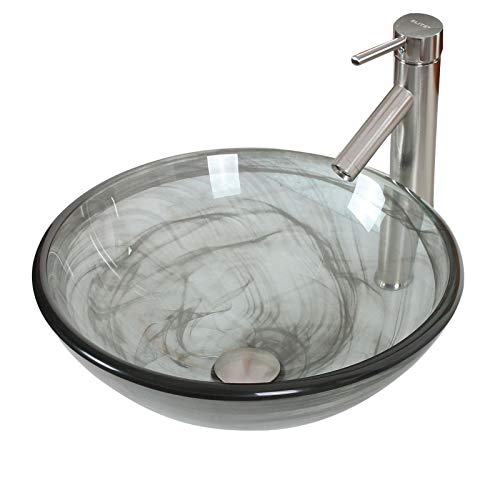 ELITE Bathroom Double Layer Glass Vessel Sink & Brushed Nickel Faucet Combo