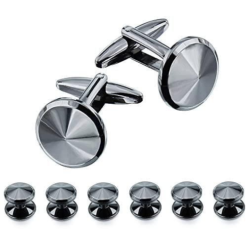 HAWSON Cufflink and Studs Tuxedo Set Black Gun Color with Platinum Finish Two Cufflinks with Six Shirt Studs Wrapped in Stylish Velvet Gift Bag