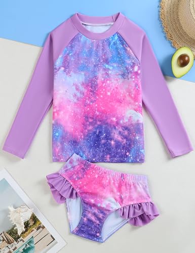 Little Girls Swimsuit Rash Guard Set Toddler Girl Long Sleeve Two Piece Bathing Suit with Ruffle Bikini Bottoms Swimwear2