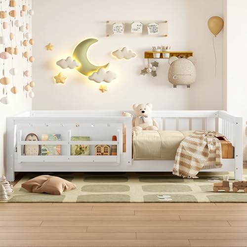 Bellemave Twin Floor Bed with Slats and Rails, Twin Size Montessori Floor Bed with Bookcase and Fence, Easy Assemble Montessori Beds for Girls, Boys, White Floor Beds by Bellemave - Image 2