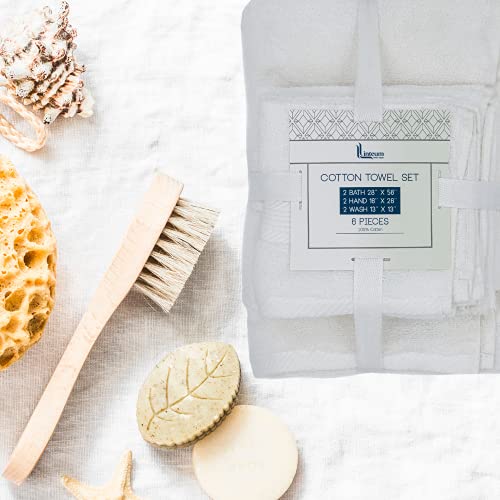 Linteum Textile 6 Piece Bath Towel Set, Includes 2 Bath Towels, 2 Hand Towels & 2 Washcloths 100% Cotton, Zero Twist 16 Single Ring Spun - (White) #TOP1