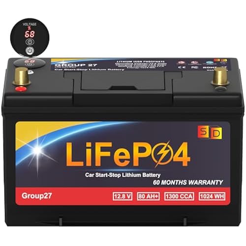 GROUP 27 Lithium-ion Car STAR-STOP Battery, 12.8V 80Ah 1300CCA LiFePO4 Automotive Battery For Car, Voltage button with charge and emergency start button 60 Months Warranty