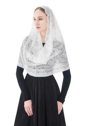 Wgior Soft Infinity Catholic Church Veil Lace Chapel Veils Latin Mass Head Covering Scarf Mantilla (White)