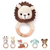 FIDWALL Personalisiertes Babygeschenk für Mädchen Jungen, Babyrassel mit graviertem Namen, gehäkeltes Tier am Holzring, liebevoll handgemachtes Taufgeschenk zur Geburt, viele Motive