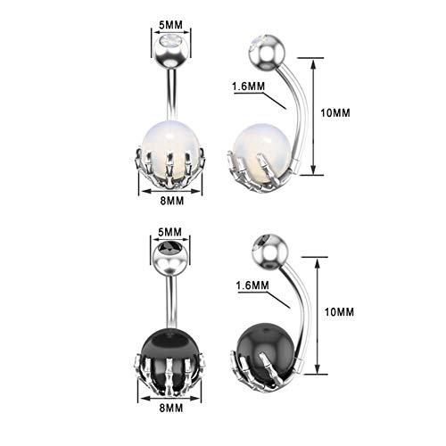 14G Stainless Steel Navel Rings Skull Hand Holding Natural Stone Cz Inlaid Gem Ball Belly Button Rings Belly Rings Body Piercing 2 Pcs A Set (2 Pcs Silver- Style A) #TOP1
