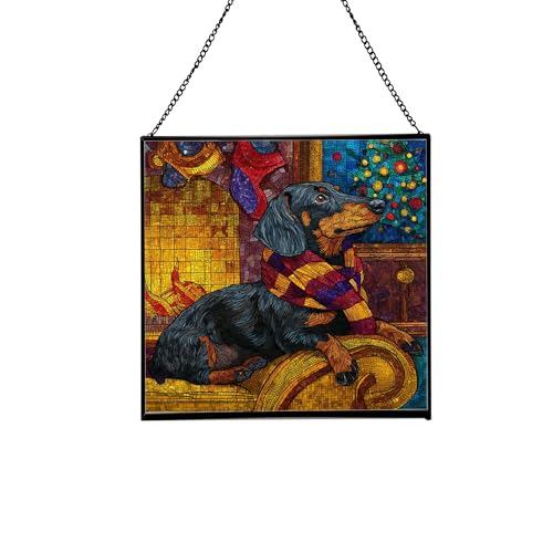 Dachshund Christmas Stained Glass Suncatcher – Square Hanging Holiday Window Panel with Cozy Fireplace Scene – Winter Glass Art Decoration Gift for Animal Lovers, Pet Owners HMor8j