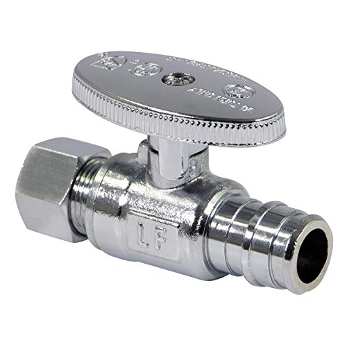Image of Midline Valve G-82512QS-OM-5 Water Supply Stop Valve with Quarter Turn Wheel; Straight Shut-off for Toilet, Sink, Dishwasher; 1 /2 in. PEX A x 3 /8 in. COMP; Chrome Plated Brass (5 Pack)