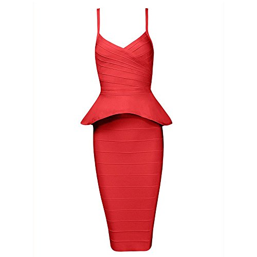HLBandage 2 Piece Set Spaghetti Strap Falbala Peplum Knee Length Bandage Dress(S,Rojo)