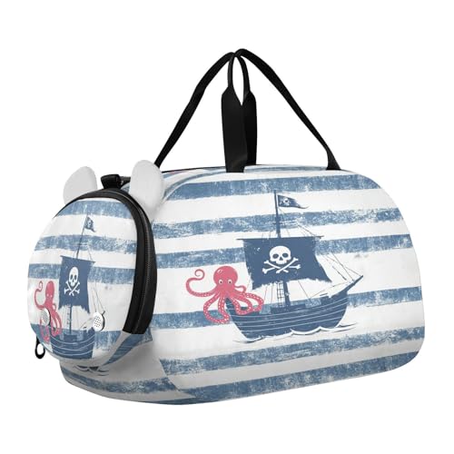 Pirate Frigate Octopus Kids Travel Duffel Bag for Boys Girls Overnight Weekend Tote Bag with Shoes Compartment for Dance Gym Sports