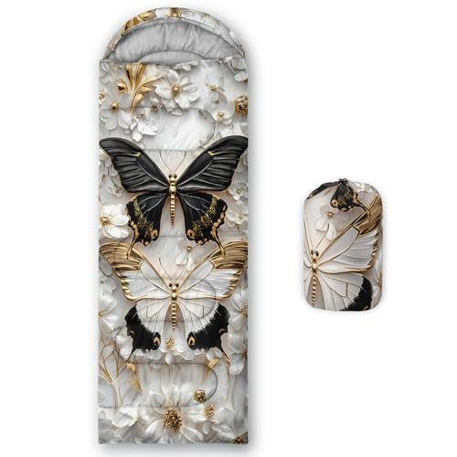 AILONEN Black and White Butterfly Sleeping Bags,Lightweight & Waterproof,3 Season Warm & Cool Weather,Gold Flower Butterfly Sleeping Bags for Kids,Girls,Women,Travelling,Outdoors