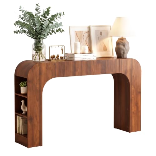 Curved Console Table Arch with Storage, Narrow Entryway Table with Drawers | Couch Table Behind Sofa with Side Shelves, Mid Century Modern, Long and Skinny for Living Room TV, Hallway Entrance Foyer