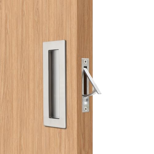 Dontay Pocket Door Pull Handle,304 Stainless Steel,Rectangle Recessed Flush Finger Pulls & Edge Spring Pull,No Lock,Hardware Set for More Than 1-1/8” Thickness Sliding Door(Brushed Nickel,6'')