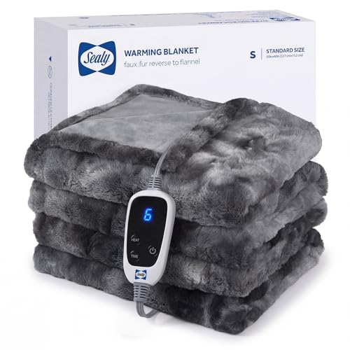 Sealy Faux Fur Electric Heated Throw 50"x60", 6 Heat Settings, Grey