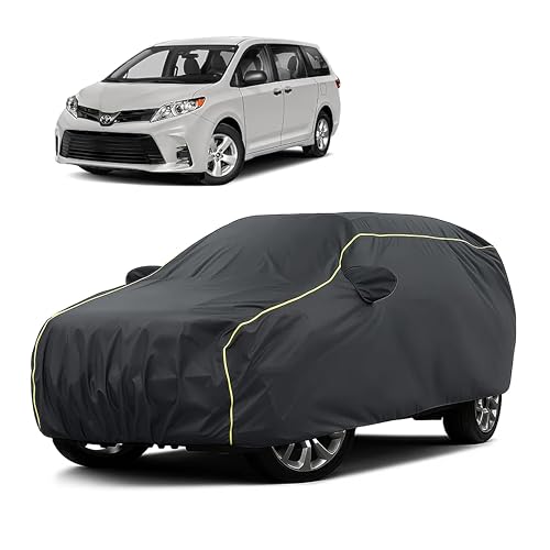 Image of Sulfar 100% Water Resistant Car Body Cover Compatible with Mirror for Toyota Sienna (Triple Stitched, Full Bottom Elastic, Dark Grey Taffeta with Yellow Piping)