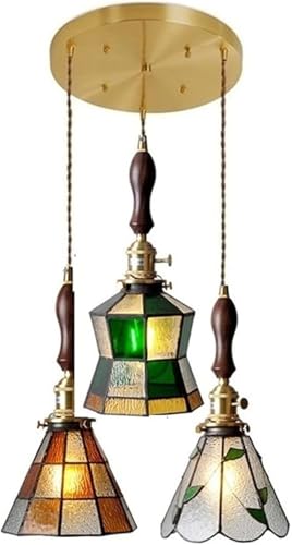 Modern Chandelier Hanging Lamp Crystal Stained Glass Copper Wooden Knob Switch Bedroom Dining Room Nordic for Living Pen(Purple)