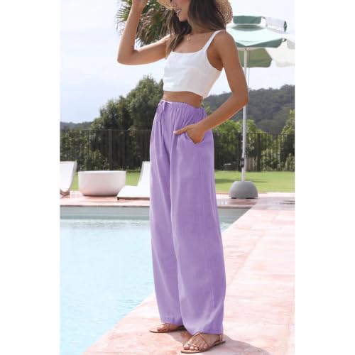 Image of Duyang Womens Cotton Linen Palazzo Pants Drawstring Elastic Waist Casual Wide Leg Trousers with Pockets