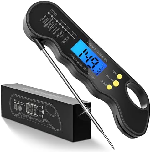 Instant Read Meat Thermometer, Fast and Accurate Digital Food Thermometer with Magnet, Backlight, Waterproof for Cooking, BBQ, Grilling, Baking, Smoker, Candy Making (Black)