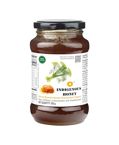 Image of INDIGENOUS HONEY Fennel Saunf Honey Raw Organic Natural Pure Unprocessed NMR Tested Unpasteurized Unheated 530g Glass Jar Pack of 1 | Natural Sweetener No Added Sugar Unfiltered Unprocessed Honey Pack of 1
