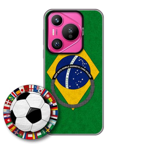 JGOYGYI Case for Huawei PURA 70 with Magnetic Detachable Collapsible Grip Stand, Shockproof Silicone Bumper Cover, Brazil Flag Football Design,Pattern 3