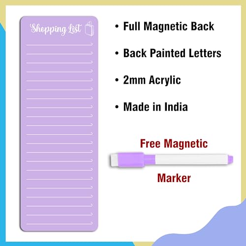 Image of Clickedin Magnetic Shopping List Grocery Fridge Magnet, 10x24 cm Acrylic Board with Marker (Purple)