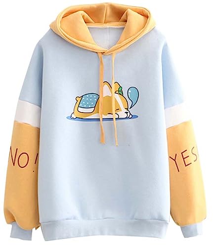 FANCYKIDS Dinosaur Bunny Rabbit Bear Cat Ears Hoodie For Teens Teenagers Oversize Top Sweatshirt Jumper Shirt (CorgiYellowBlue)