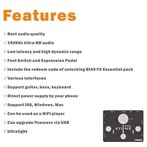 XSONIC Xtone Mobile Audio Interface with Ultra Low Latency, 192KHz Sampling Rate, 108dB Dynamic Range, Pure Guitar Input, 3 Output Port, Expression Pedal Input, Support iOS, Windows, Mac