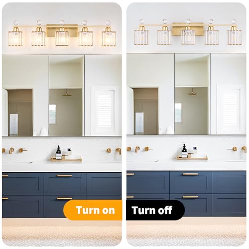 Image of Lxybcce Bathroom Vanity Lights Over Mirror - Easy Installation with Clear Guide, 5-Light Shadow-Free Design, Gold Crystal Finish - for Modern Home Bathroom Lighting Fixtures in DIY Projects