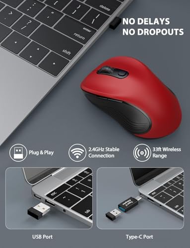 Image of Trueque Wireless Mouse for Laptop, Ergonomic 6-Button Mouse, Red | 2.4GHz USB receiver, back /forward buttons, 3 adjustable DPI levels, silent clicks, USB-C adapter, Windows /Mac /Chrome OS /Linux