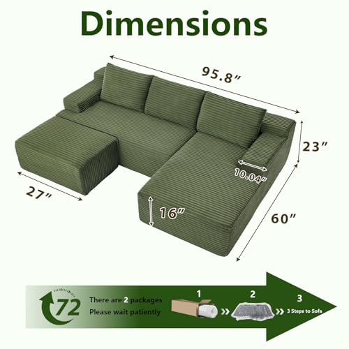 Image of 96.1 inch Modular Sectional Sofa with Ottoman, Modern Corduroy Cloud Couch, Boneless Couch Upholstered 3-Seater U-Shaped Sofa for Living Room, No Assembly (Green, Right-Facing Chaise)