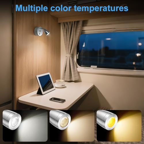 AOOTE Lampa do czytania LED 12 V, do kampera, 2 sztuki, lampa ścienna lampka do łóżka z przełącznikiem dotykowym, ściemniana, 3 tryby temperatury barwowej z funkcją ładowania, złącza USB A+C