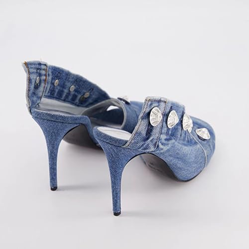 MILDSEVEN Women's Fashion High Heel Denim Slippers with Metal Buttons, Popular Sexy Casual Peep Toe Mules for Banquets, Parties And Wedding4