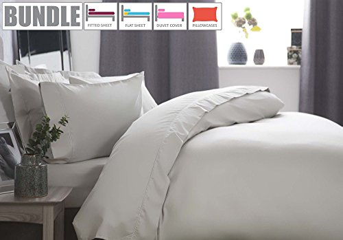 Image of Belledorm Cotton Sateen 15" Fitted Sheet + Flat Sheet + Duvet Cover + Housewife Pillowcase Bundle Set, 1000 Thread Count (Platinum, King Size)
