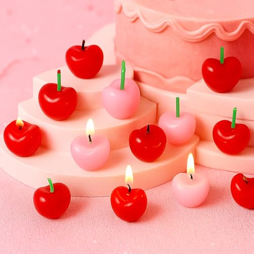 Image of Conelist 15 Pcs Cherry Shaped Birthday Cake Toppers Decor, Red, Pink | Cute Fruit Shaped Candles Mini Cherry Cake Decorations Party Favors Soy Wax Cupcake Toppers for Wedding Dessert Table Gifts