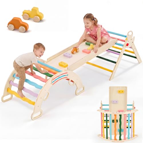 NEWBULIG Pikler Triangle Set for Toddlers, 9-in-1 Foldable Montessori Climbing Toys Indoor Playground with Arch & Ramp & Ladder, Wooden Montessori Climbing Set for Indoor Active Play, Rainbow