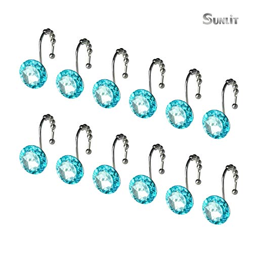 Sunlit Luxury Design Round Teal Diamond Crystal Gem Bling With Glide Balls Shower Curtain Hooks For Mermaid Shower Curtains, Rust Proof Metal Rhinestones Glam Shower Curtain Rings-12 Pack #TOP2