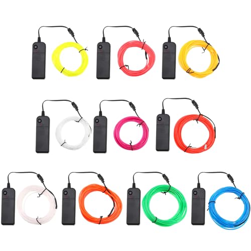Image of Hortsun 15 Pack 13ft El Wire Neon Light Portable Cuttable Neon Glowing Battery Powered LED Lights Glow in The Dark with Battery Pack for Halloween Party
