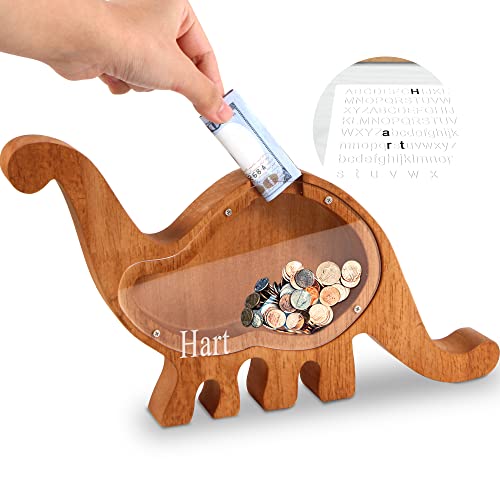 Piggy-Bank For Kids Boys Girls Large Piggy Banks 26 English Alphabet Letter,Personalized Wooden,Transparent Money Saving Box Custom Text Name Diy Creative Gift For Real-Money (L+ Dinosaur) #TOP2