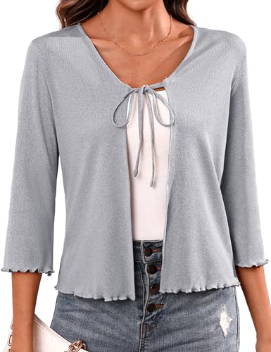 Image of Aiboria Women's Tie Front Shrug 3 /4 Sleeve Ribbed Bolero Lightweight Cropped Cardigan S-XXL