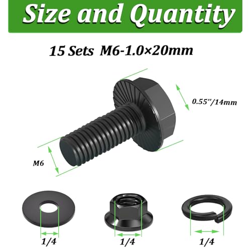 Image of 15 Sets M6-1.0 x 20mm Flanged Hex Head Bolts,Flange Nuts,Flat & Lock Washers,10.9 Black Zinc Plated,Full Thread,Alloy Steel
