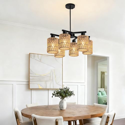 6-Light Farmhouse Rattan Chandelier for Dining Room, Black Boho Pendant Light Fixture with Hand Woven Rope Shades, Modern Coastal Hanging Pendant Lamp for Kitchen Island Foyer, Adjustable Height by DoungRos - Used condition - Image 2