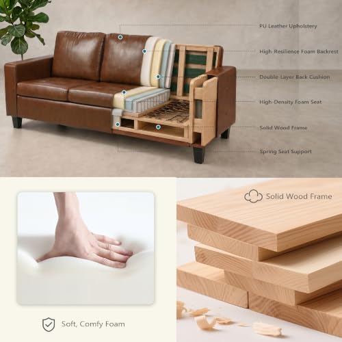 Image of STHOUYN 73 inch Brown Faux Leather Couch, Comfy 3 Seater Sofa