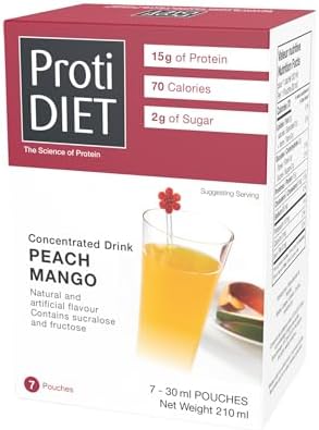 ProtiDIET High Protein Water Drink Mix Peach Mango Liquid Concentrated 7 ct | 15g Protein, Fat Free, Easy to Mix Liquid Protein Packets for Refreshing Hydration at Home, Work, or the Gym